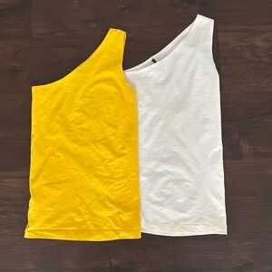 THEORY ONE SHOULDER TANKS TOP LYCRA SET OF TWO STRETCH WHITE YELLOW LAYERING